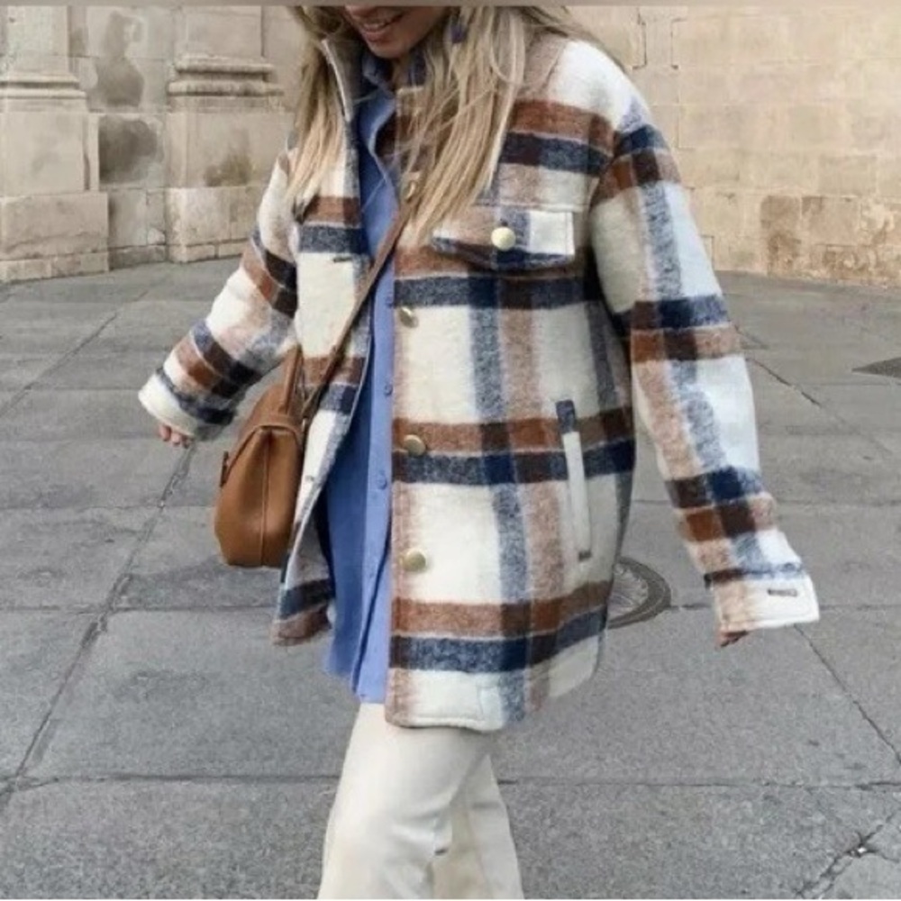 NEW ZARA Wool Blend Shacket Size Large Plaid Oversized Women’s Jacket NWOT